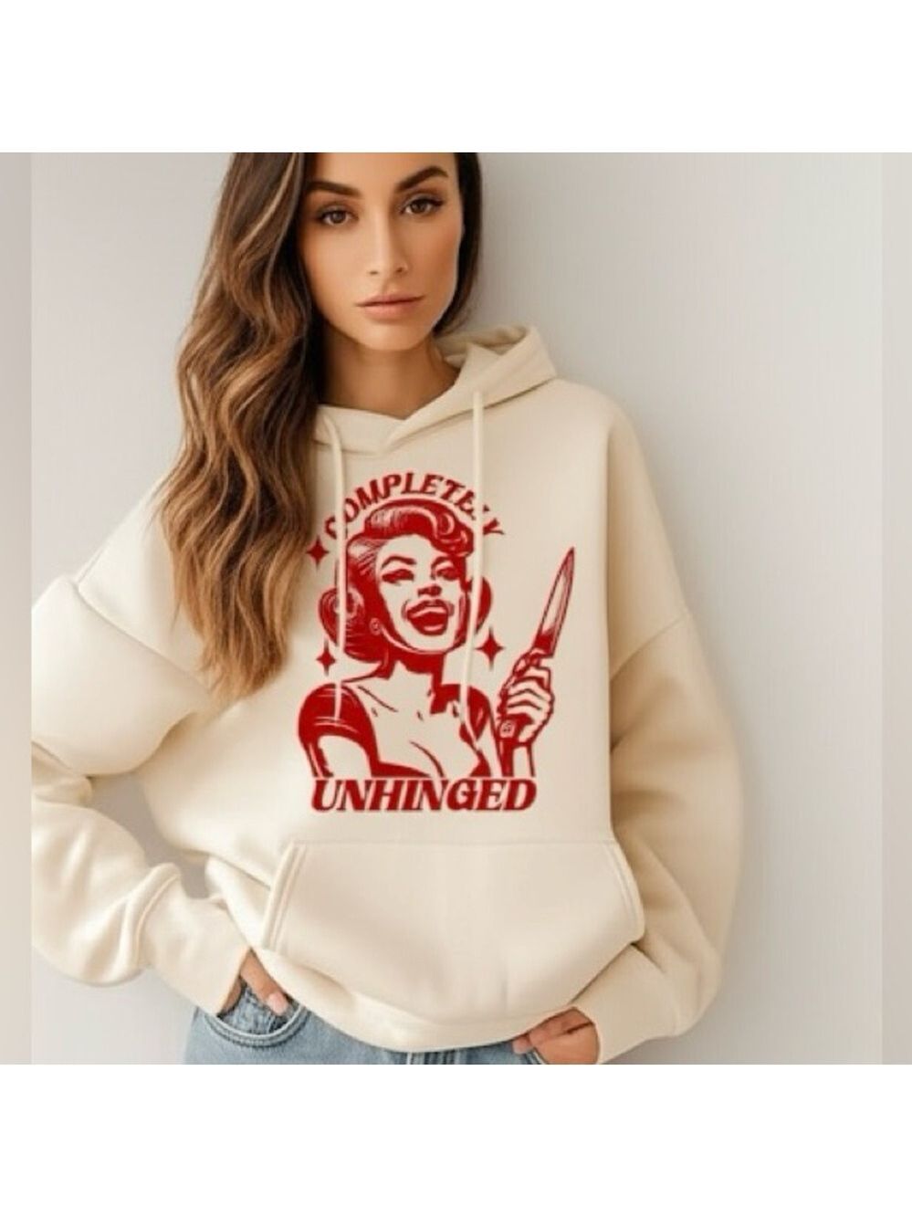 "Completely Unhinged" Oversized Hoodie - Retro Femme Fatale with Knife Pullover